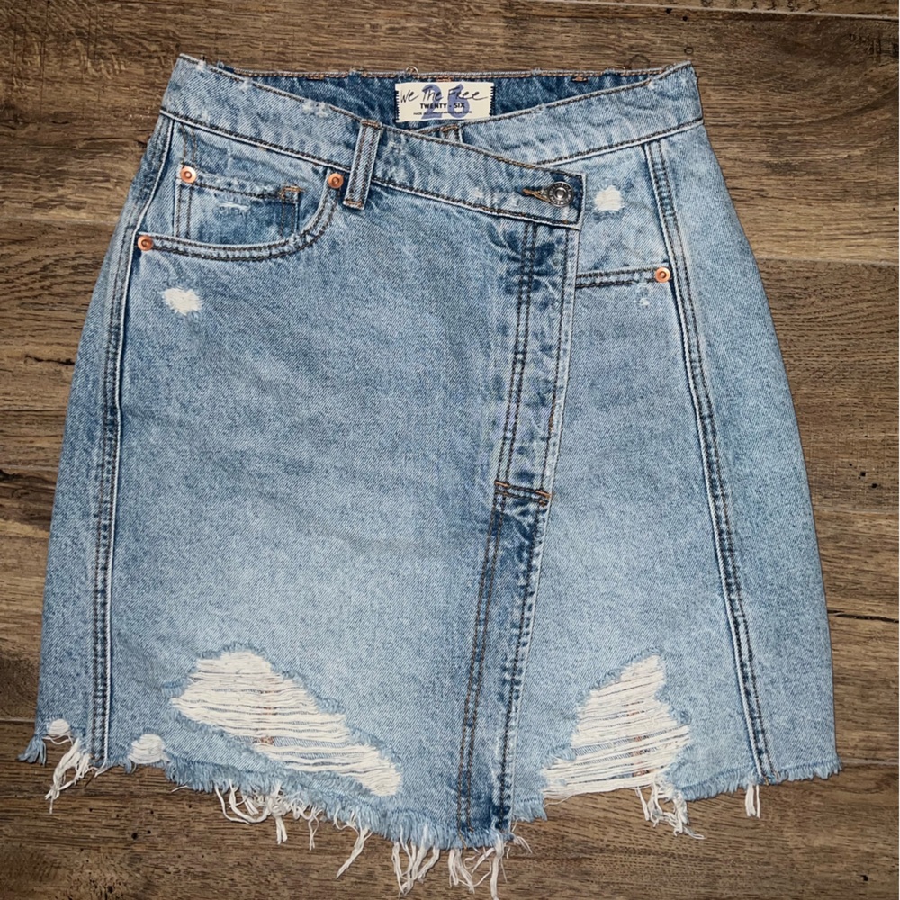 We The Free-Free People Parker Wrap Criss Cross Distressed Denim Skirt